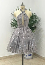 Load image into Gallery viewer, Sliver Homecoming Dress 2023 Short Halter Neck Sequin Sparkly
