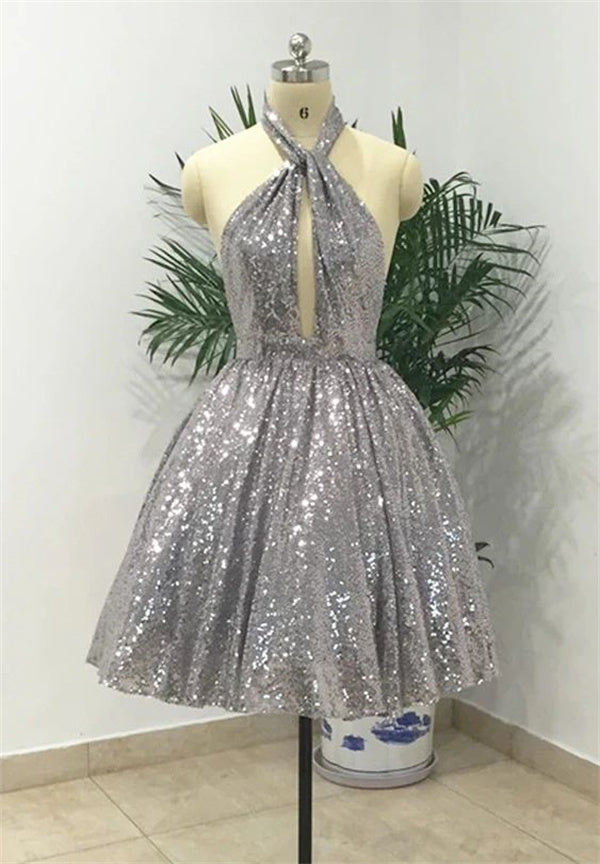 Sliver Homecoming Dress 2023 Short Halter Neck Sequin Sparkly