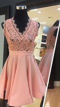 Load image into Gallery viewer, Pink Homecoming Dress 2023 Short V Neck Lace Sleeveless
