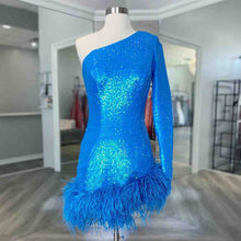 Load image into Gallery viewer, Blue Homecoming Dress 2023 Short One-shoulder Sequin with Feathers
