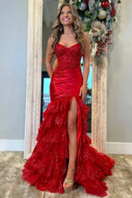 Load image into Gallery viewer, Mermaid Strapless Sequins Lace Appliques Prom Dress with Slit

