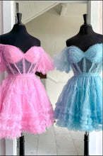 Load image into Gallery viewer, Cute Homecoming Dress 2023 Short Off the Shoulder Tulle with Puffy Sleeves
