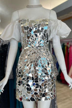 Load image into Gallery viewer, Sliver Homecoming Dress 2023 Short Off the Shoulder Sequin with Puffy Sleeves
