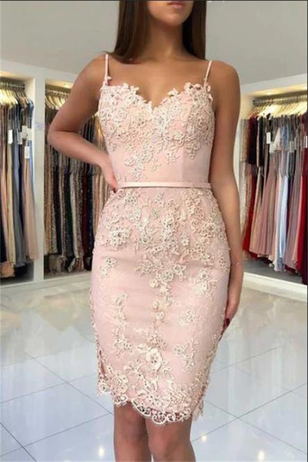 Pink Homecoming Dress 2023 Short Spaghetti Straps Lace Appliques