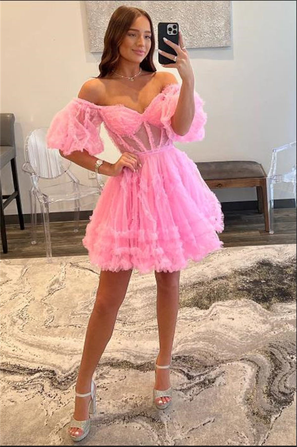 Cute Homecoming Dress 2023 Short Off the Shoulder Tulle with Puffy Sleeves