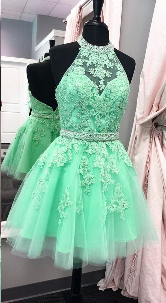 Green Homecoming Dress 2023 Short Halter Neck Sleeveless Tulle with Appliques