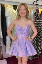 Load image into Gallery viewer, Purple Homecoming Dress 2023 Short Strapless Sequin with Pleats
