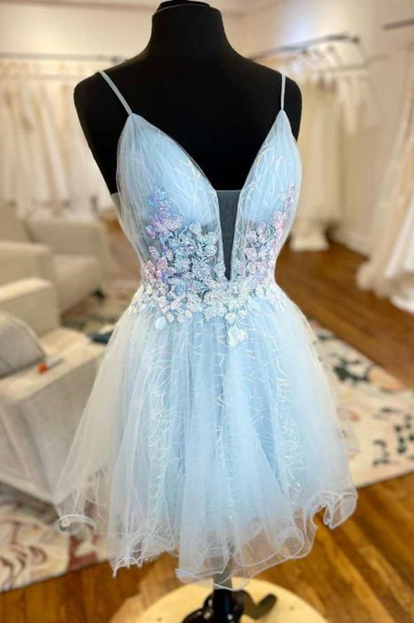 Trendy Homecoming Dress 2023 Short Spaghetti Straps Tulle with Appliques
