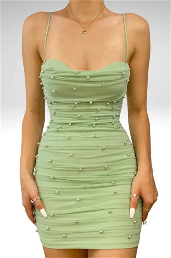 Sage Green Homecoming Dress 2023 Short Spaghetti Straps with Pearls