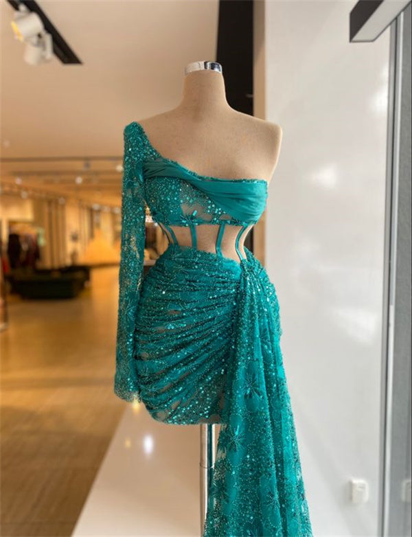 Green Homecoming Dress 2023 Short One-shoulder Long Sleeve Sequin