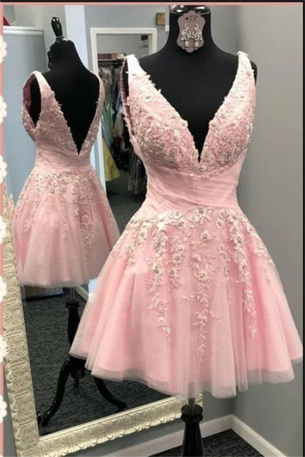 Pink Homecoming Dress 2023 Short V Neck Sleeveless Tulle with Appliques