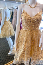 Load image into Gallery viewer, Gold Homecoming Dress 2023 Short Spaghetti Straps Tulle Sequined
