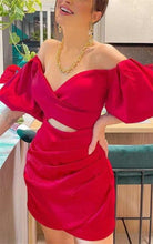 Load image into Gallery viewer, Red Homecoming Dress 2023 Short V Neck Satin with Puffy Sleeves
