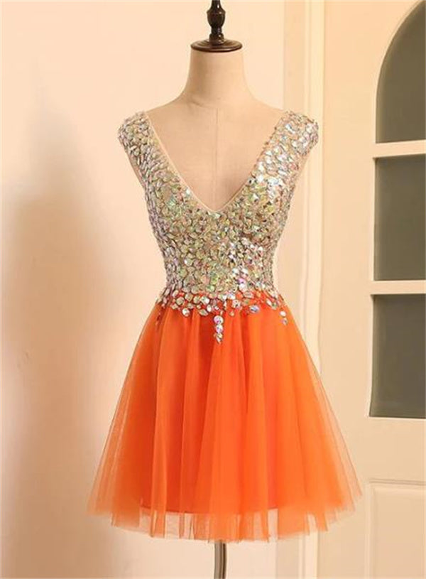 Orange Homecoming Dress 2023 Short V Neck Sleeveless Tulle