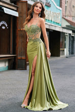 Load image into Gallery viewer, Dusty Blue Mermaid  Pleated Corset Satin Long Prom Dress with Side Streamer
