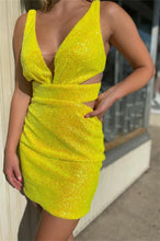 Load image into Gallery viewer, Yellow Homecoming Dress 2023 Short V Neck Sleeveless Sequin
