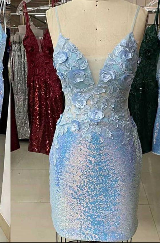 Blue Homecoming Dress 2023 Short Spaghetti Straps Floral Sequin