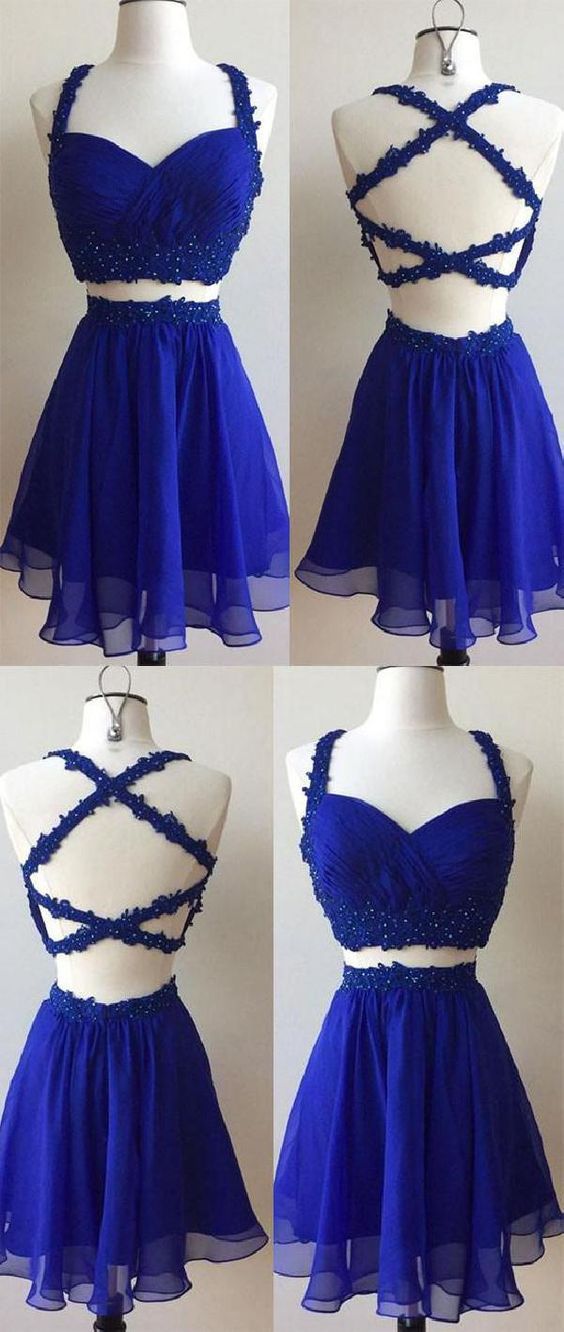 Royal Blue Homecoming Dress 2023 Short Straps Halter Neck Chiffon