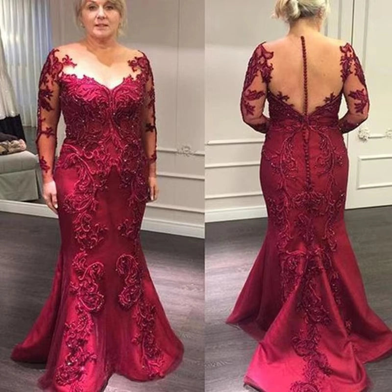 Burgundy Mermaid Mother of the Bride Dresses Lace Illusion Neck Wedding Party Gowns  Long Sleeves
