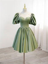 Load image into Gallery viewer, Green Homecoming Dress 2023 Short Illusion Neck Satin with Puffy Sleeves
