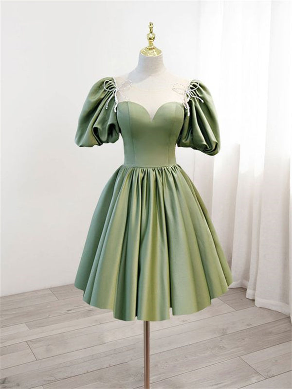 Green Homecoming Dress 2023 Short Illusion Neck Satin with Puffy Sleeves