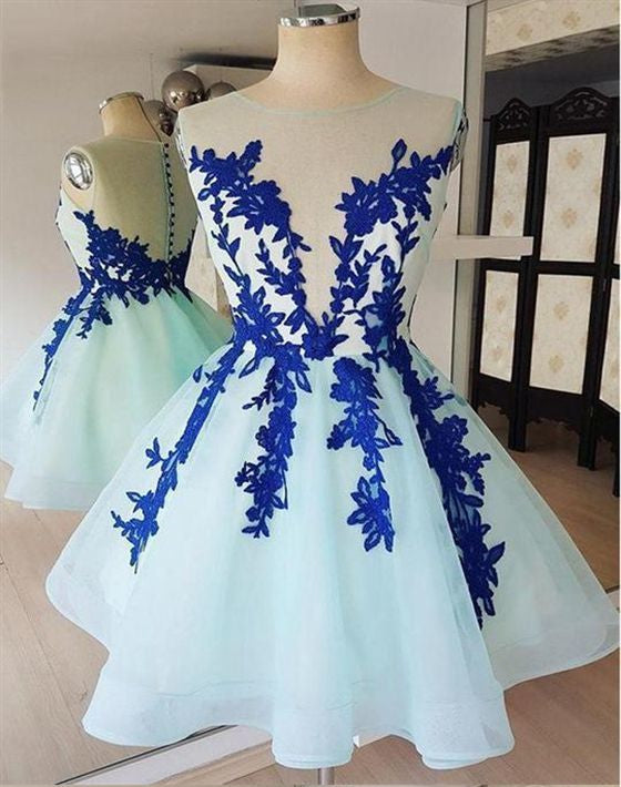 Blue Homecoming Dress 2023 Short Illusion Neck Sleeveless Tulle Appliques