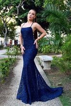Load image into Gallery viewer, Dark Navy Long Mermaid Spaghetti Straps Backless Lace Prom Dresses

