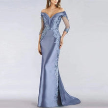 Load image into Gallery viewer, Mermaid Mother of the Bride Dresses Lace Appliques Satin Wedding Guest Dress Off Shoulder Evening Dress 3/4 Sleeves

