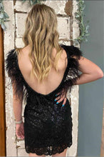 Load image into Gallery viewer, Black Homecoming Dress 2023 Short Plunging Neck Sequin with Feathers Open Back
