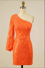 Load image into Gallery viewer, Orange Homecoming Dress 2023 Short One-shoulder Sequin Long Sleeve
