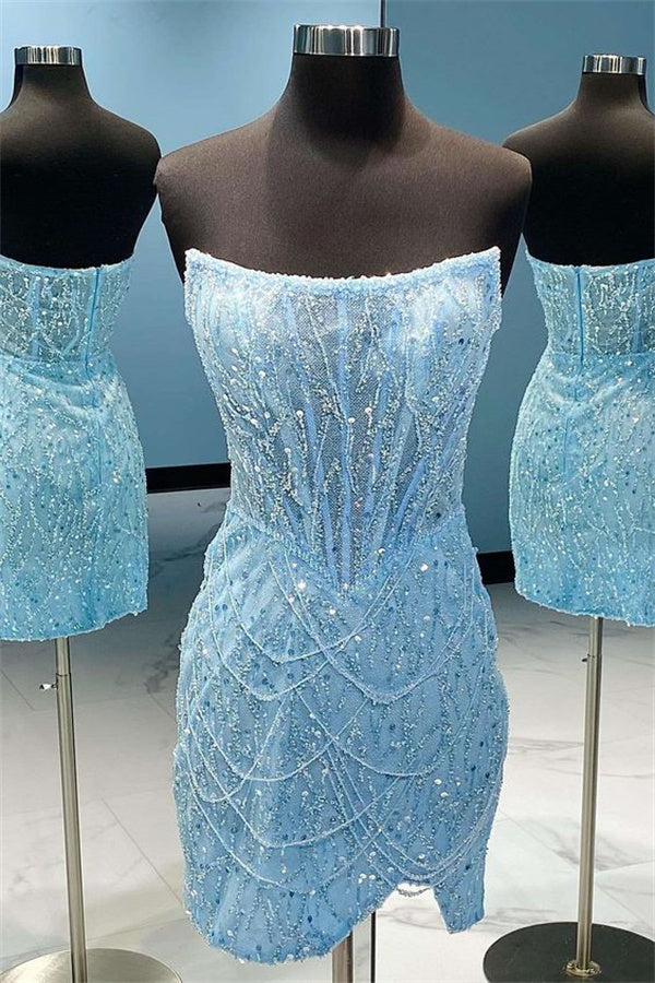 Blue Homecoming Dress 2023 Short Strapless Sequin with Slit