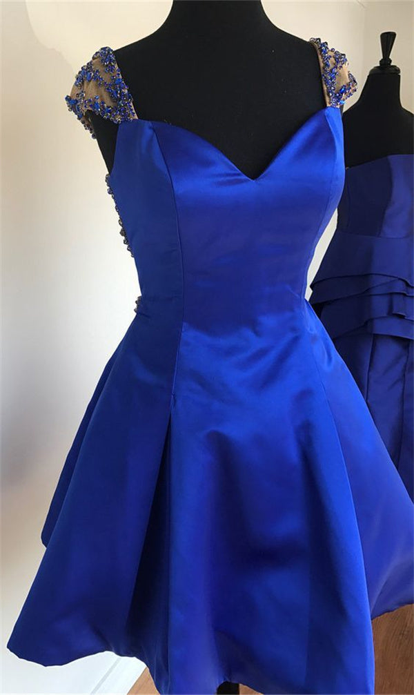 Royal Blue Homecoming Dress 2023 Short V Neck Cap Sleeves Satin