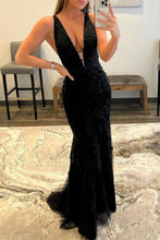 Load image into Gallery viewer, Mermaid Tulle Plunge V Neck Lace Applique Sequins Prom Dress
