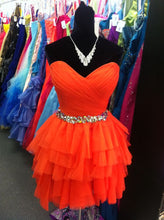 Load image into Gallery viewer, Orange Homecoming Dress 2023 Short Strapless Tulle Tiered Rhinestones
