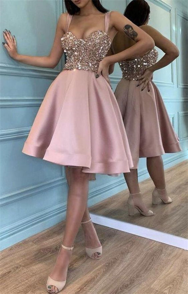 Pink Homecoming Dress 2023 Short Sweetheart Satin Sequined – DCdress