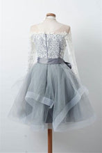 Load image into Gallery viewer, Gray Homecoming Dress 2023 Short Illusion Neck Long Sleeves Tulle
