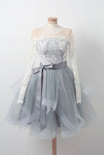 Load image into Gallery viewer, Gray Homecoming Dress 2023 Short Illusion Neck Long Sleeves Tulle
