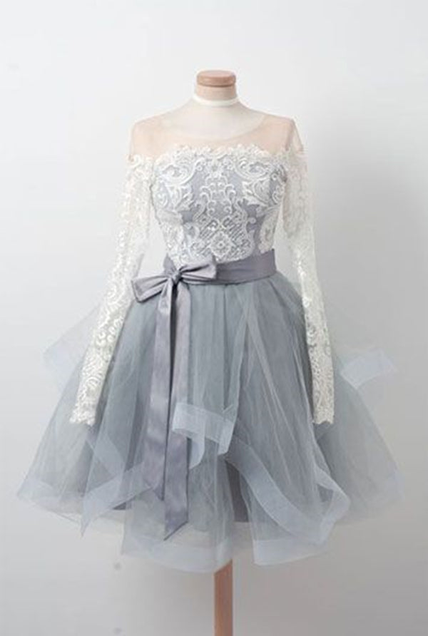 Gray Homecoming Dress 2023 Short Illusion Neck Long Sleeves Tulle