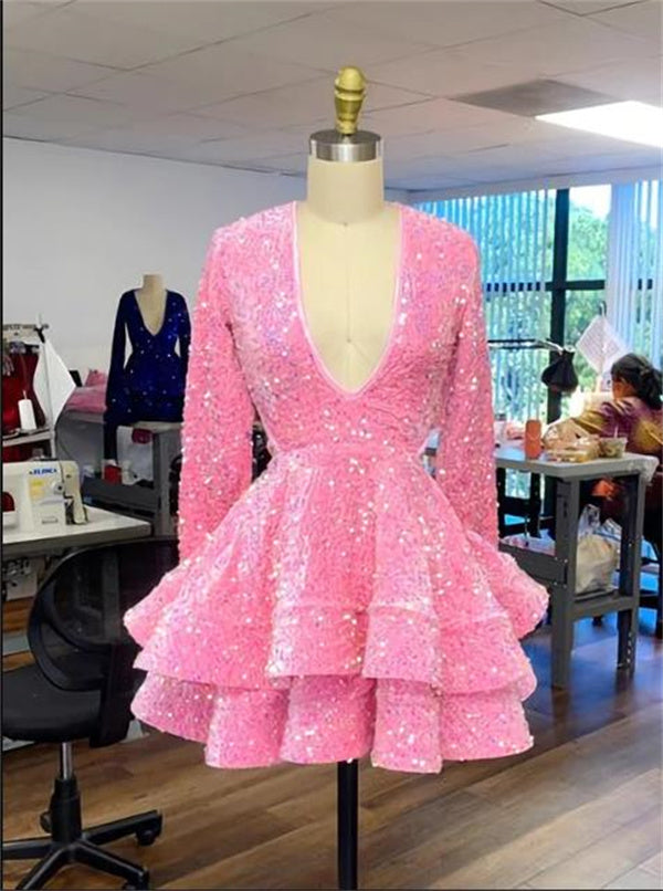 Pink Homecoming Dress 2023 Short V Neck Long Sleeves Sequin