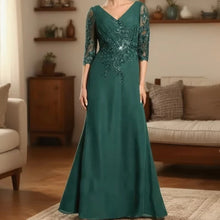 Load image into Gallery viewer, Green Mother of the Bride Dresses Sequin Lace Appliques Wedding Guest Dress V Neck Chiffon Formal Dress 3/4 Sleeves
