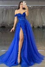 Load image into Gallery viewer, Off Shoulder Sequins Appliques A-Line Tulle Prom Dress with Slit and Train
