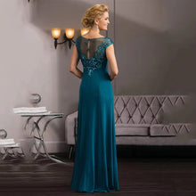 Load image into Gallery viewer, Teal Blue Mother of the Bride Dresses Sequin Lace Appliques Wedding Guest Dress Illusion Neck Chiffon Formal Dress Cap Sleeves
