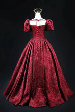 Load image into Gallery viewer, Wine Red Floral Satin Floral Ball Gown Prom Dress Long Evening Dress, Short Sleeves Formal Dress
