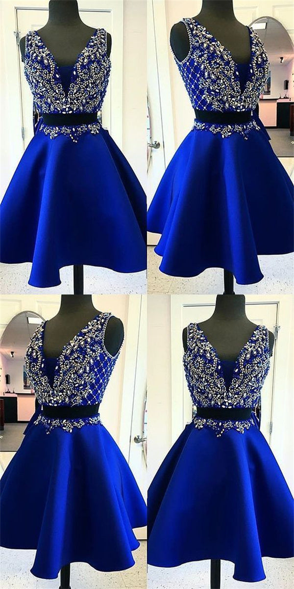 Royal Blue Homecoming Dress 2023 Short Two Piece V Neck Sleeveless Satin