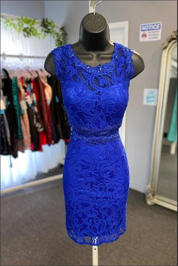 Royal Blue Homecoming Dress 2023 Short Illusion Neck Lace Rhinestones