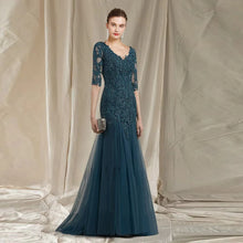 Load image into Gallery viewer, Mermaid Mother of the Bride Dresses Lace Appliques Wedding Guest Dress V Neck Tulle Formal Dress Half Sleeves
