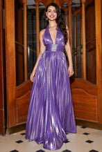 Load image into Gallery viewer, Purple Halter Pleated Beaded Metallic Glitter Long Prom Dress with Slit
