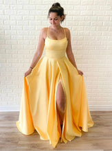 Load image into Gallery viewer, Yellow satin long A Line prom dress spaghetti straps evening dresses split party gown With Slit
