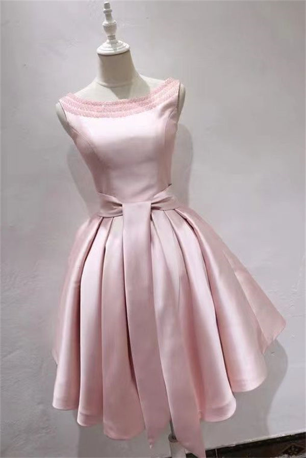 Pink Homecoming Dress 2023 Short Boat Neck Sleeveless Satin