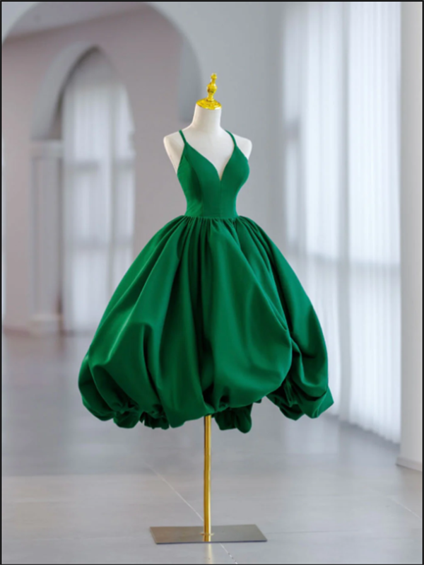 Green Homecoming Dress 2023 Short Spaghetti Straps Satin Puffy